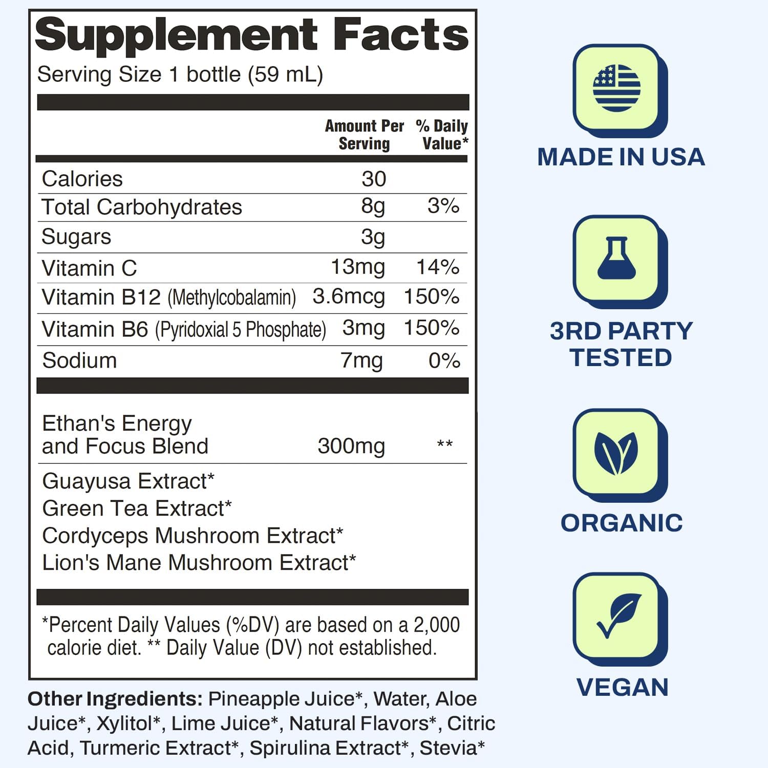 Ethan's Organic Clean Energy Shots Pineapple, 12 Pack of 2oz | 150mg Caffeine | Green Tea, Guayusa, Lion's Mane & Cordyceps | Sugar-Free, Vegan, Gluten-Free, USDA Organic