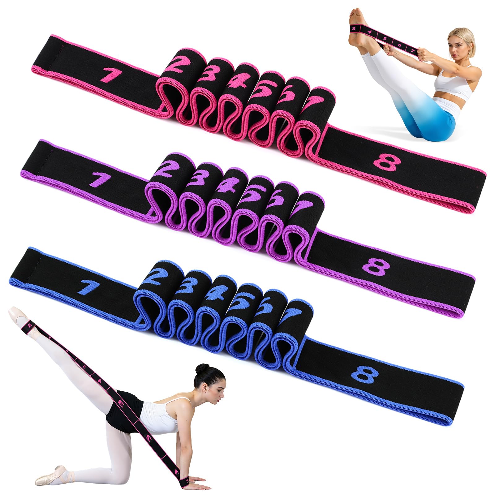 3PCS Fitness Resistance Band for Stretching and Yoga, 8-Section Numbered Elastic Resistance Band | Fitness Band with Clear Markings for Yoga, Stretching, Pilates