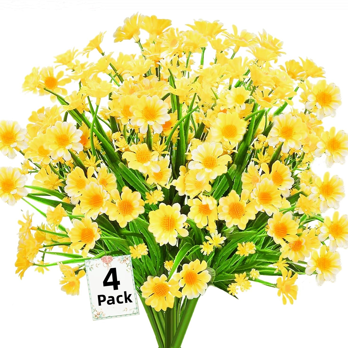 4PCS Artificial Daisy Flowers Outdoor Spring Summer Decoration UV Resistant Fake Flowers Faux Plastic Greenery Shrub Plant Indoor Outside Hanging Garden Home Porch Wedding Party Decor (Yellow)