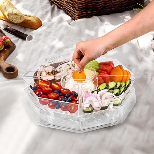 Miniatura 21 de Servidor de condimentos refrigerado Juego de servir de barra de tacos para fiesta Bandeja de condimentos refrigerada con tapa y 5 compartimentos