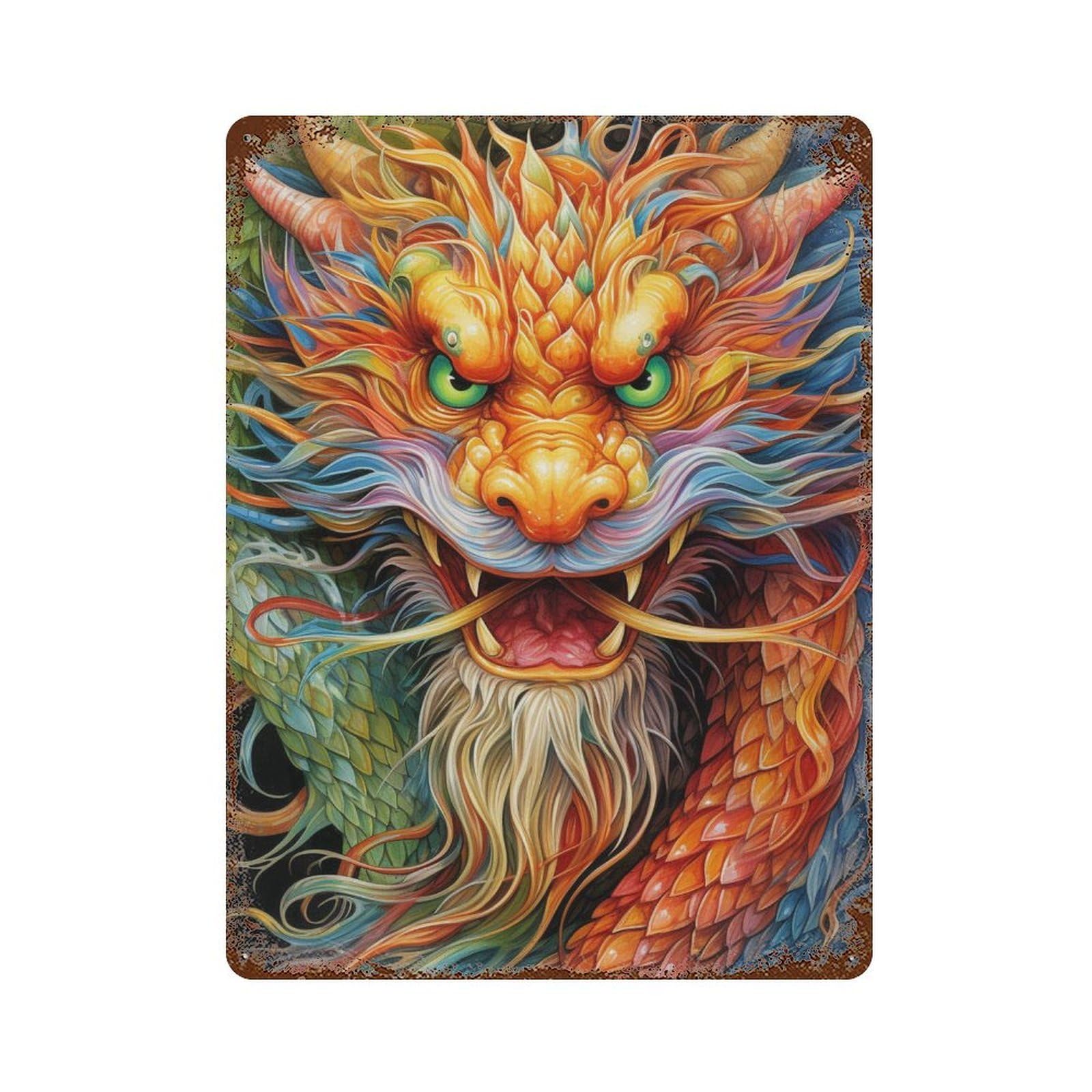 Colorful Dragon Illustration-3 Rust Effect Tin Sign 15.7"x11.8", Retro Wall Decor for Pub, Kitchen And Man Cave Decor