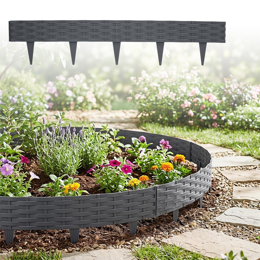 LARS360 Garden Border Edging 20m/65.6ft Rattan Effect Plastic Lawn Edging Fence, No Dig Lawn Edging with Ground Stakes, Interlocking Flower Bed Border for Garden Paths & Borders, Anthracite
