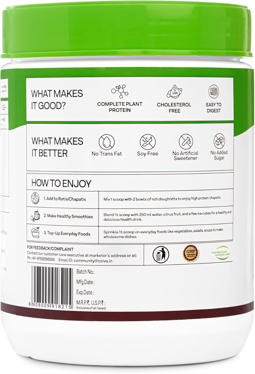 OZiva Organic Plant Protein Powder | 500 Gm | (30g Vegan Protein - Pea Protein a, Brown Rice Protein & Quinoa, Soy Free) for Everyday Fitness, Boosts Immunity, Unflavored (1.1 lb)