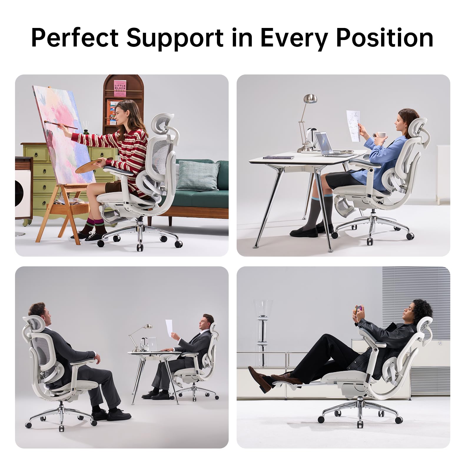 SIHOO Doro C300 V2 Ergonomischer Bürostuhl mit Fußstütze, Netz-Schreibtischstuhl mit 8D-Armlehnen, Drehbarer Lendenwirbelstütze, 3D-Kopfstütze, Computerstuhl für Homeoffice und langes Sitzen, Weiß