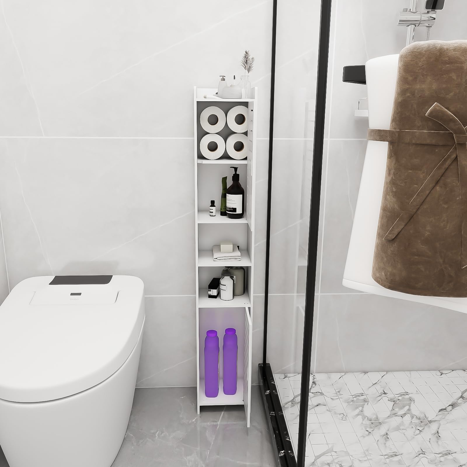 HUOLE Support Papier Toilette Armoire,Petit Meuble de Rangement pour Toilettes, Meuble de Salle de Bain sur Pied Design Moderne, Colonne, Armoire/penderie,26 * 22 * 118cm-Blanc