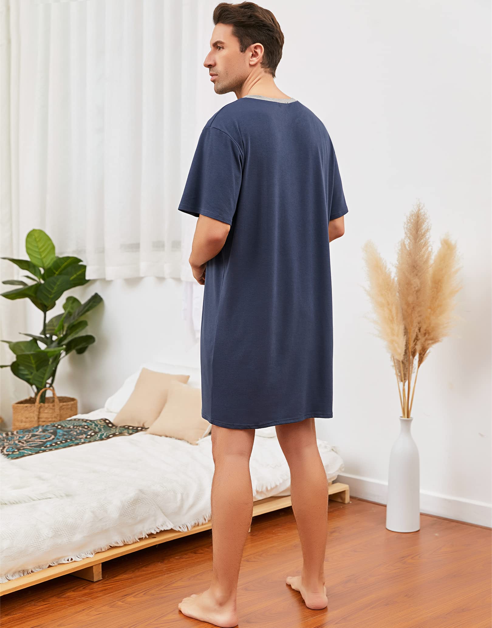 Chemise de Nuit Homme Coton Pyjama Manches Courtes Hauts de Pyjama Homme Tee-Shirt Long Col Rond avec Boutons Vêtements d'Intérieur T-Shirt Grande Taille Douce Confortable