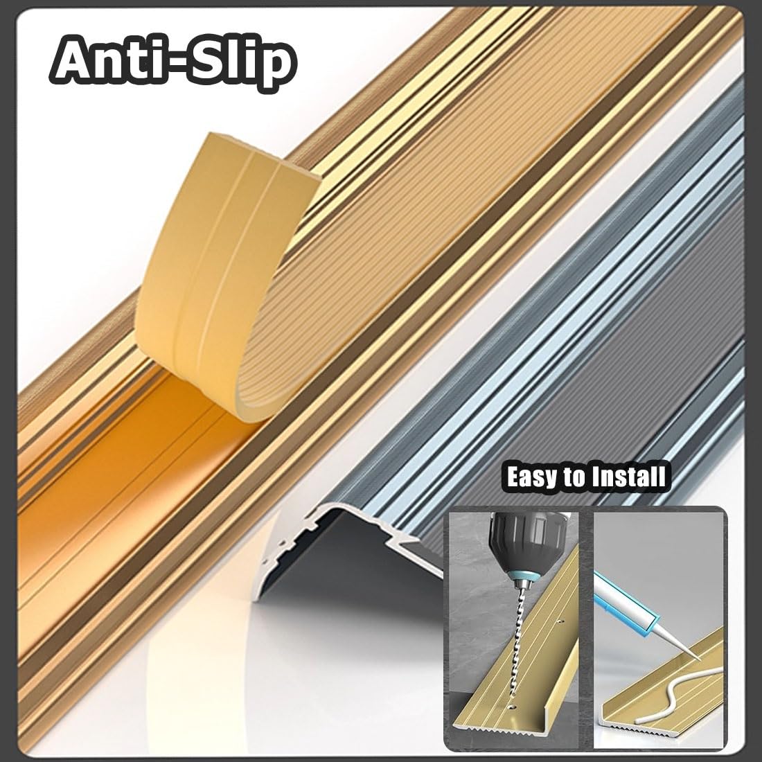 90/100/150cm Perfil de Borde de Escalera de aluminio con tira de goma antideslizante, Protector de Nariz de Escalera en forma de L para escalera de interior y exterior(Zwart,120x5.2x3.2cm)