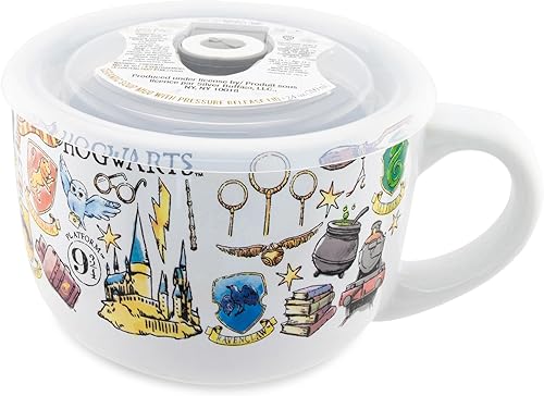 Silver Buffalo Harry Potter Hogwarts Destination - Taza de sopa con tapa ventilada  Capacidad para 24 onzas