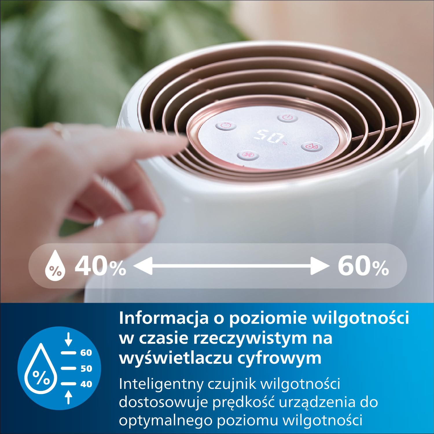 Philips Nawilżacz powietrza Serii 2000, Higieniczne nawilżanie NanoCloud, 99,97% mniej bakterii, 200 ml/h, Zbiornik 2L, Ultra cichy (33 dB), 3 prędkości, Tryby Auto i Nocny, Timer, Biały (HU2716/10)