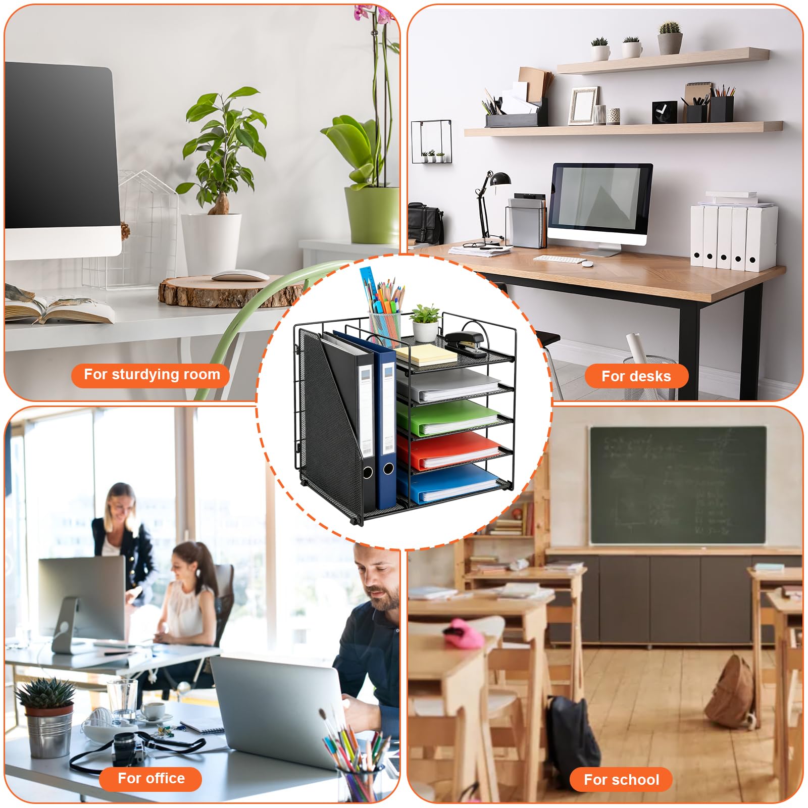 Voency Organiseur de bureau avec porte-fichiers, 5 niveaux, en maille métallique, pour livres, documents, fichiers A4, magazines, lettres, papiers, cahiers (noir)