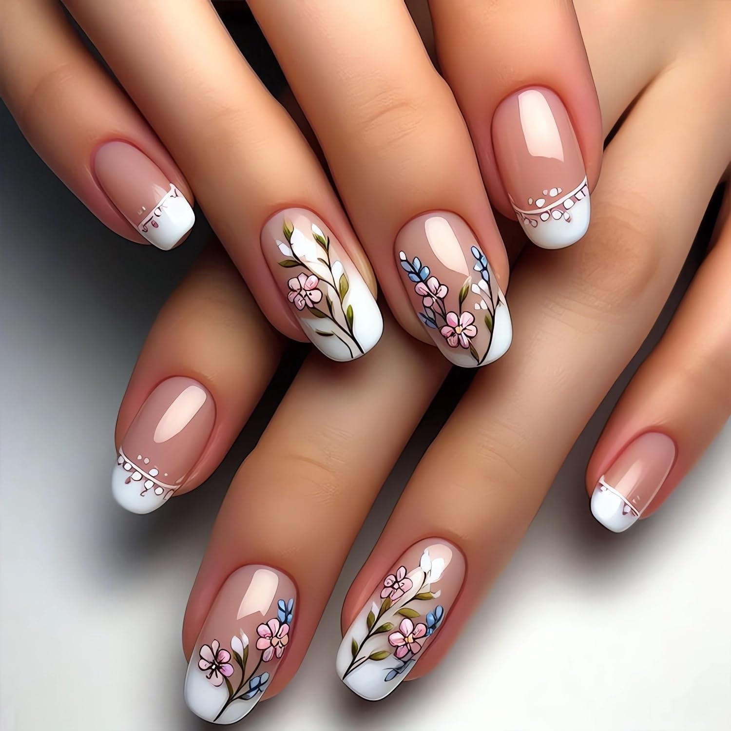 French Tip Press on Nails Short Square Flower Fake Nails with Designs White Pink Spring False Nails Floral Acrylic Nails Cute Glue on Nails Flowers