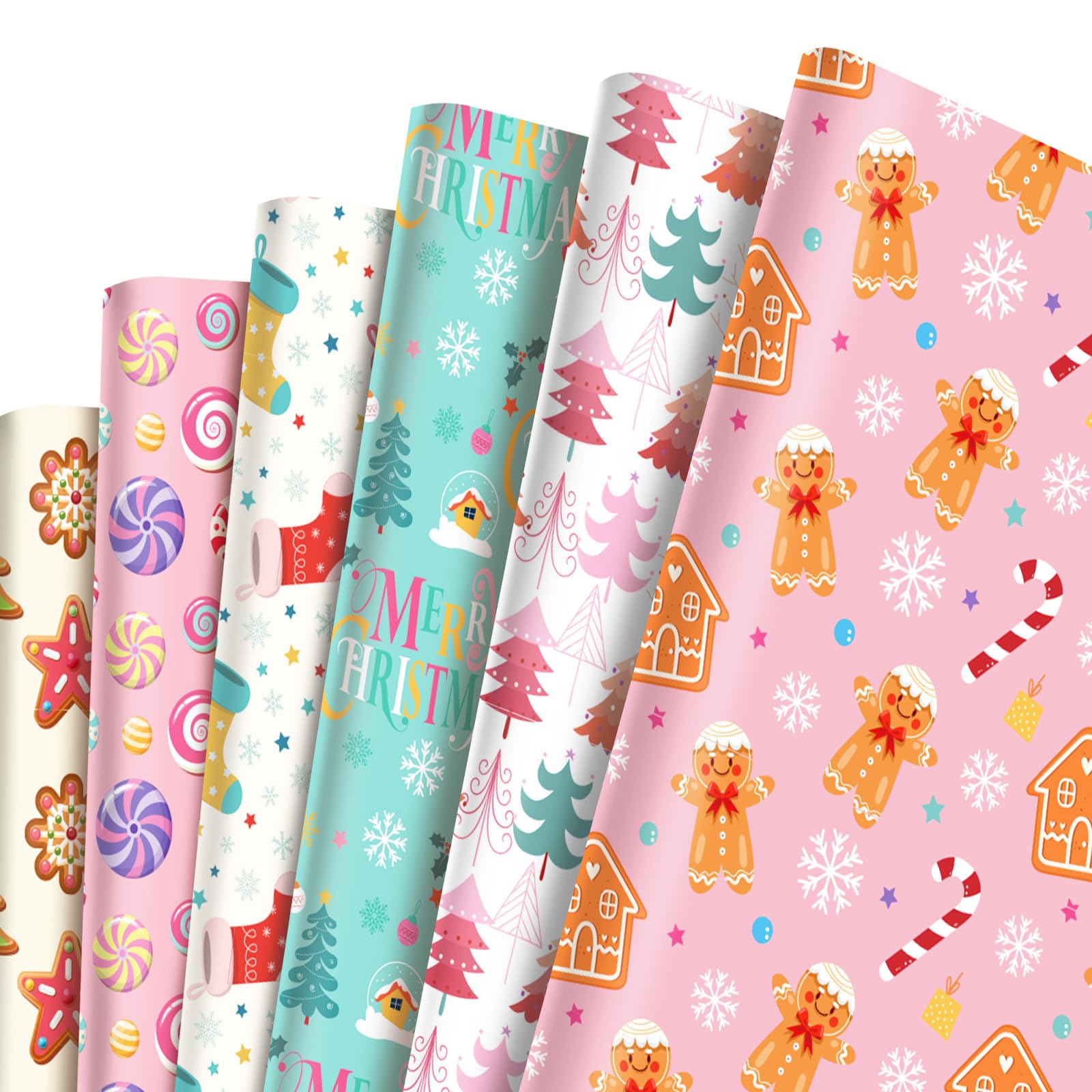 12Pcs Candyland Christmas Wrapping Paper Sheets, 68x50cm Pink Blue Candy Gingerbread House Xmas Gift Wrapping Paper,Recyclable Christmas Wrapper for Winter Party,Birthday,Festive,Xmas Gift Boxes Décor — image 1