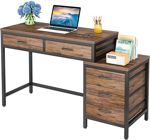 LITTLE TREE Escritorio para computadora de oficina en casa con cajones, color marrón rústico