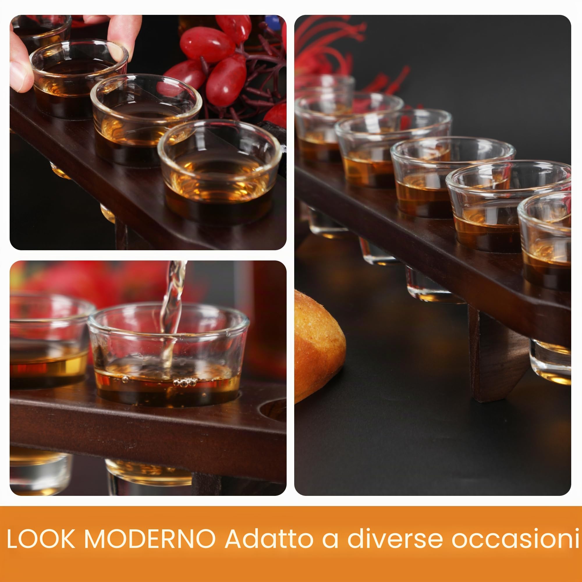 Il set di bicchieri da shot contiene 6 bicchieri da tequila e un vassoio da portata per sfusi, set trasparente per feste, bar, club, cocktail (noce scuro)