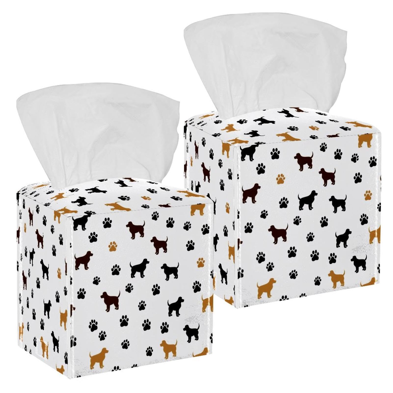 Dog Paws Tissue Box Cover, 2 Pack PU Leather Square Facial Tissue Dispenser Box holder for Home Office Car