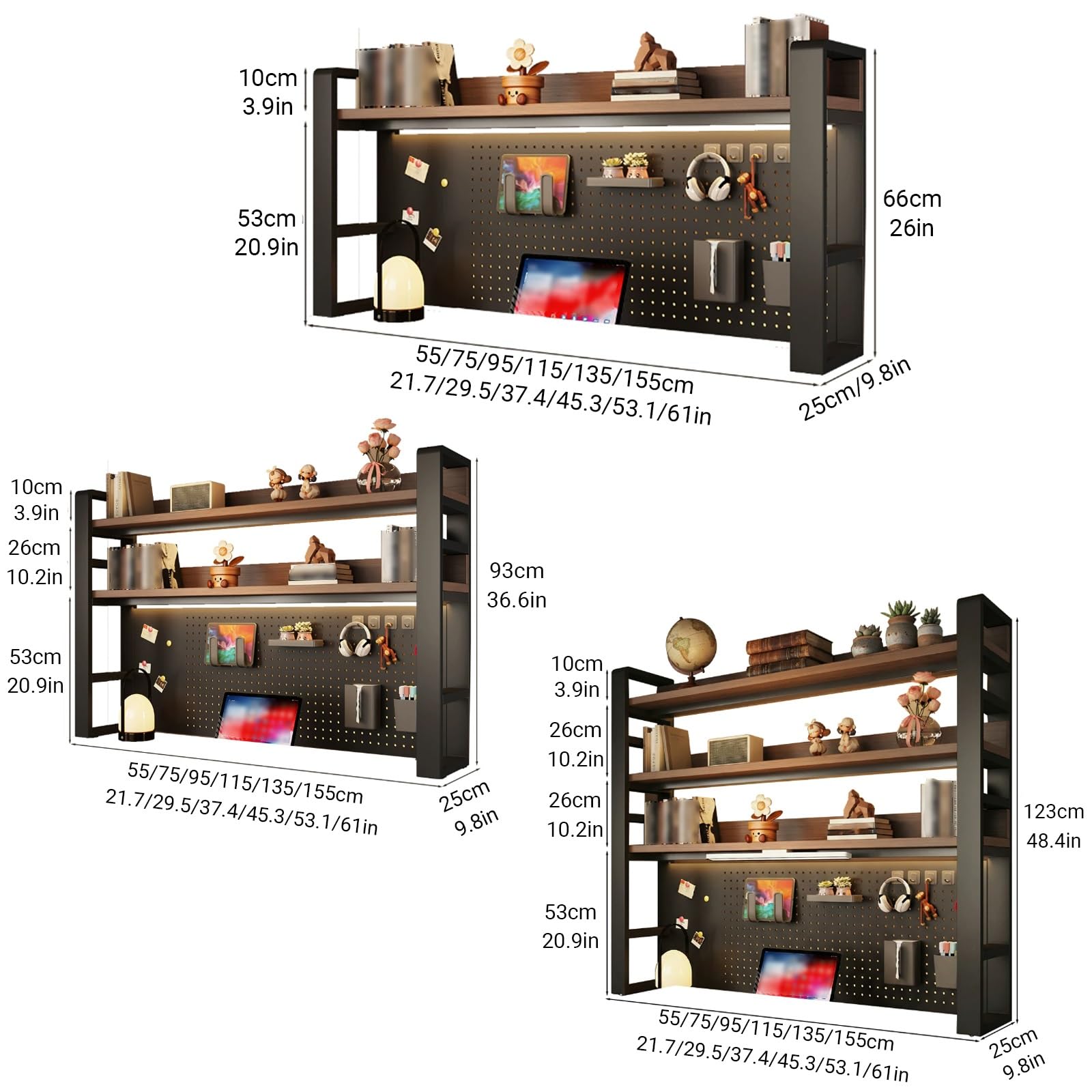 Mensola da scrivania a 2/3/4 livelli con pannello forato e accessori, libreria da scrivania in metallo, organizer da scrivania fai-da-te, per tavolo da studio(Black+Black,(2-Tier)37.4x10x26")