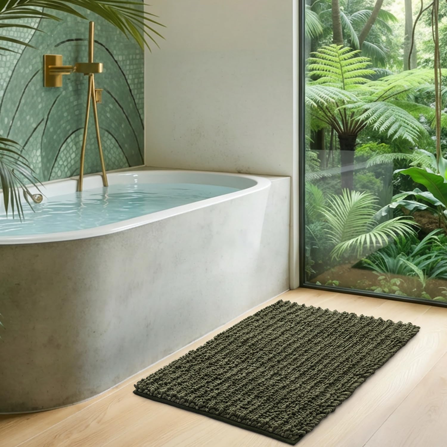 DEXI Tappeto da bagno 61 x 109 cm, super morbido, in ciniglia, assorbente, antiscivolo, lavabile in lavatrice, soffice tappetino da bagno per vasca, pavimento doccia, verde oliva