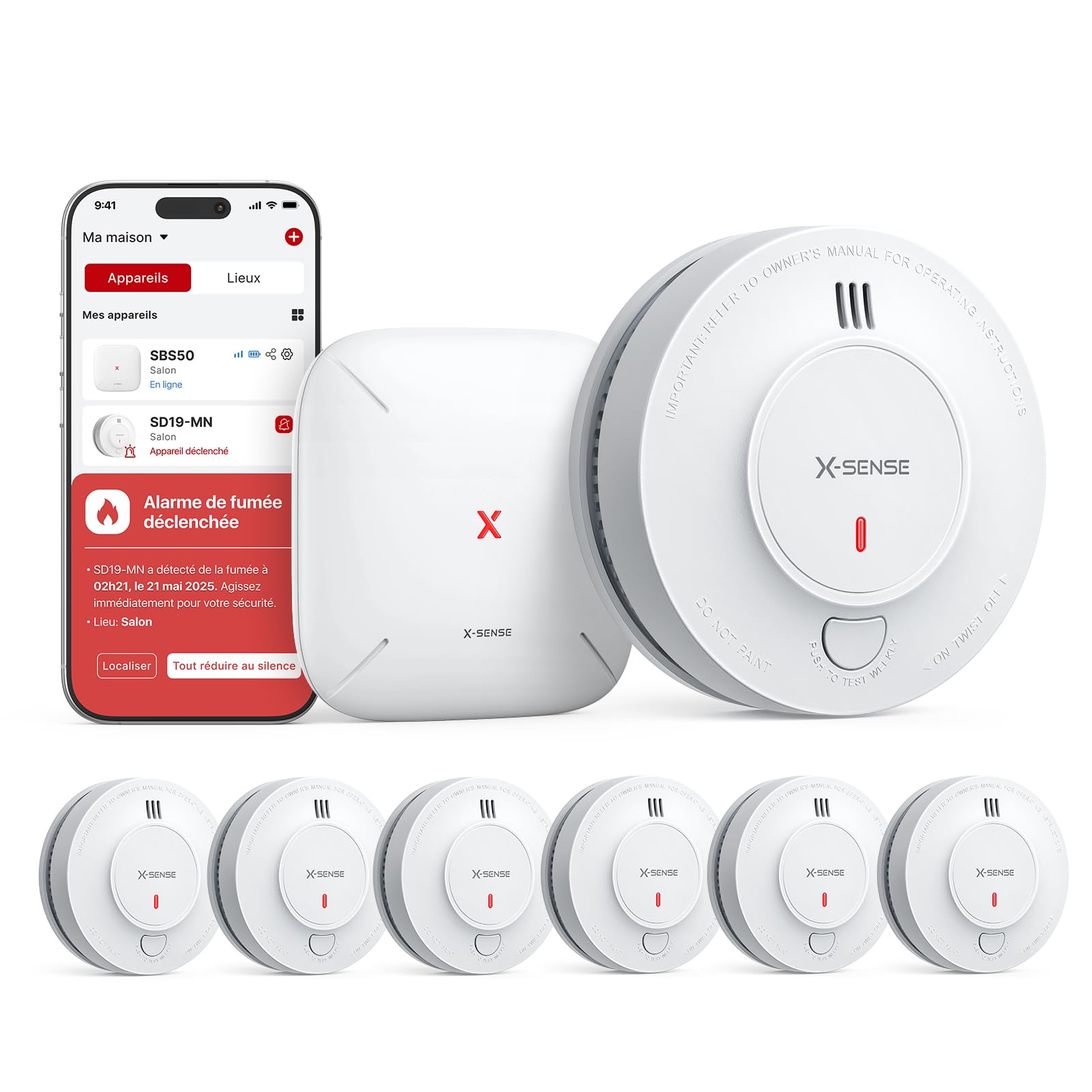 X-Sense Détecteur de Fumée Connecté, Batterie Intégrée 10 Ans avec Station de Base SBS50, Fonction avec l’Appli, Compatible avec l’Application X-SENSE Home Security, SD19-MN61