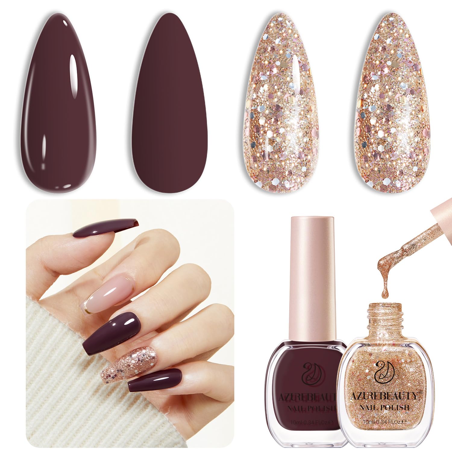 AZUREBEAUTY Brown Nail Polish Set 2 Colors Glitter Quick Dry Nail Polish Kits Fall Long Lasting French Tip