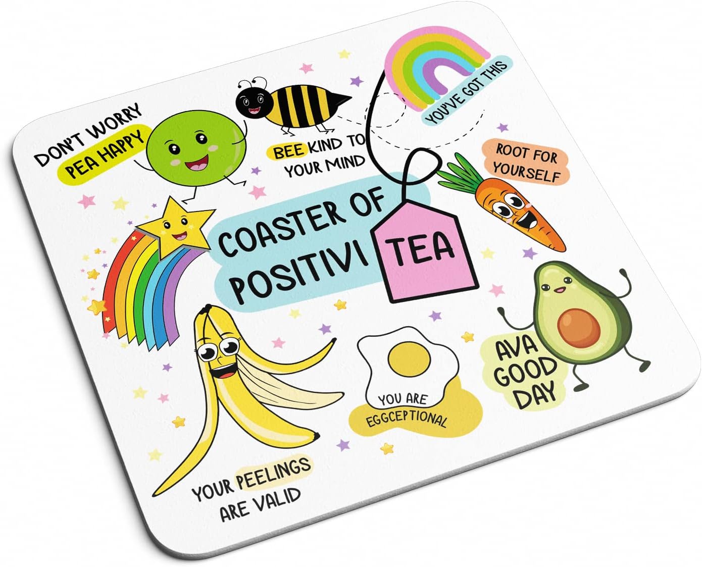 Positivi-TEA Drinks Coaster - Rainbow Cute Cartoon Avacado Pun Fun Daily Affirmation Positive Vibes Good Day Bee Kind Kitchenware Home Decor Place Mats (White)