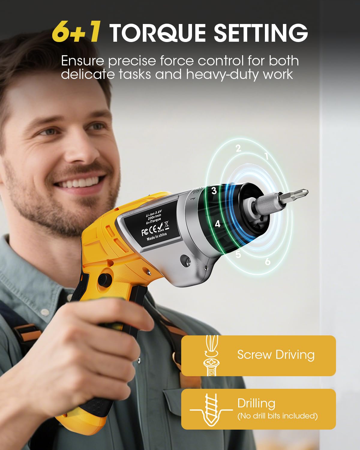 Electric Screwdriver, 6+1Torque Cordless Screwdriver 2000mAh 3.6V with 47 Accessories, LED Light and Rear Flashlight - Image 3