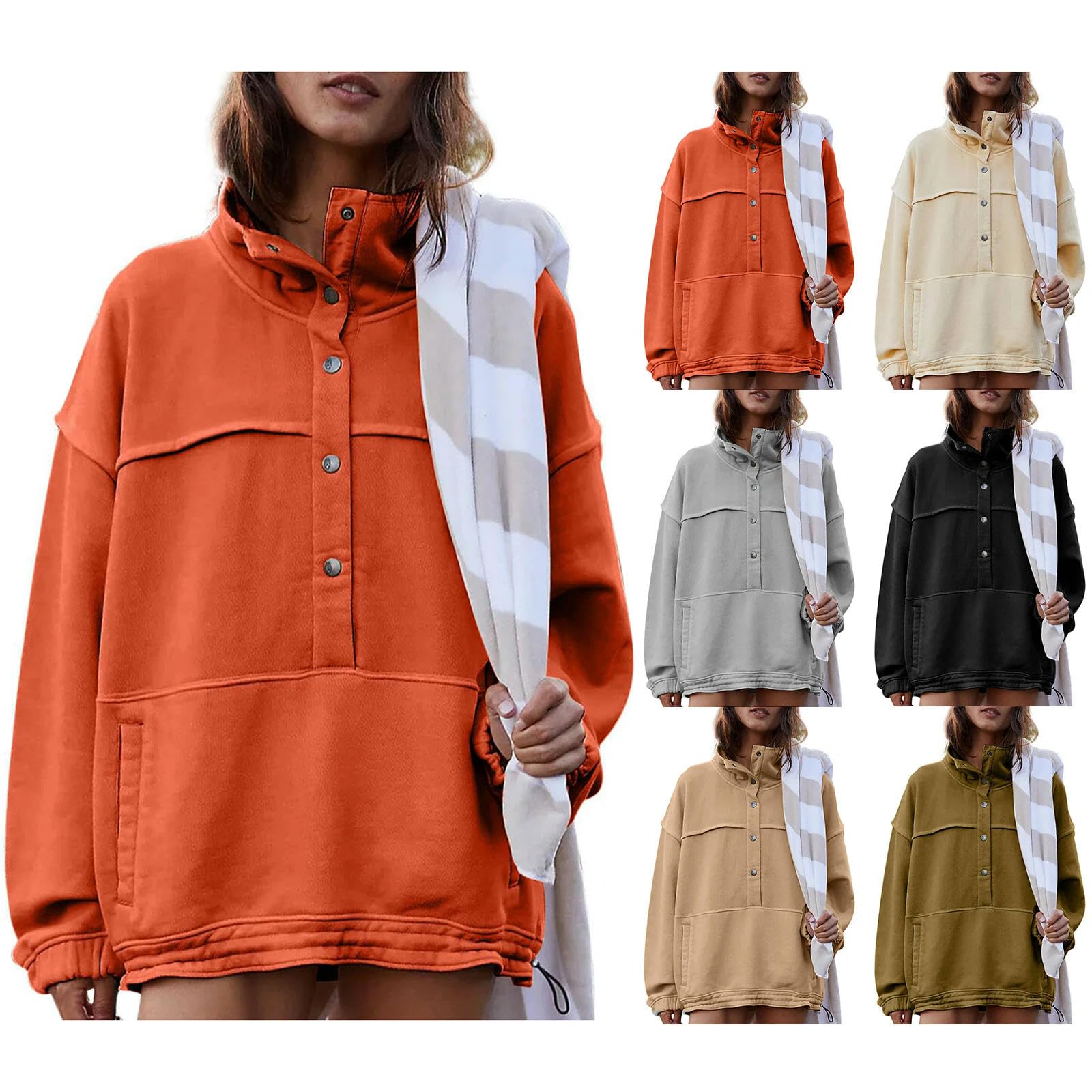 Sudaderas holgadas para Mujer, suéteres de Gran tamaño de Invierno, Tops de Cuello Alto con Cierres a presión, Sudaderas de Manga Larga, Gris, S
