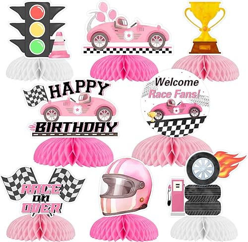 Decoraciones de fiesta de cumpleaños de coche de carreras rosa para niñas, 8 centros de mesa de panal de carreras, retro vintage, Let's Go Racing,