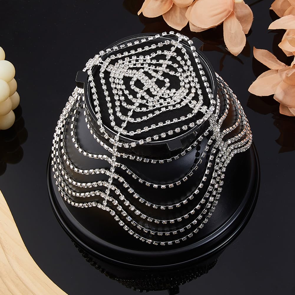 DICOSMETIC 1 Stück Strasskopfkette Silber Kristallhaarband 22x23x0.3cm Flapper Haarreif Brautschmuck Hochzeitsaccessoire 1920er Party Haarschmuck mit 2 Haarklammern