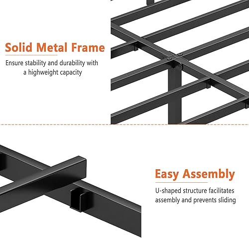 Miniatura 8 de Base de cama tamaño Queen con plataforma clásica de metal, base de colchón con soporte de listones de acero, almacenamiento debajo de la base, no