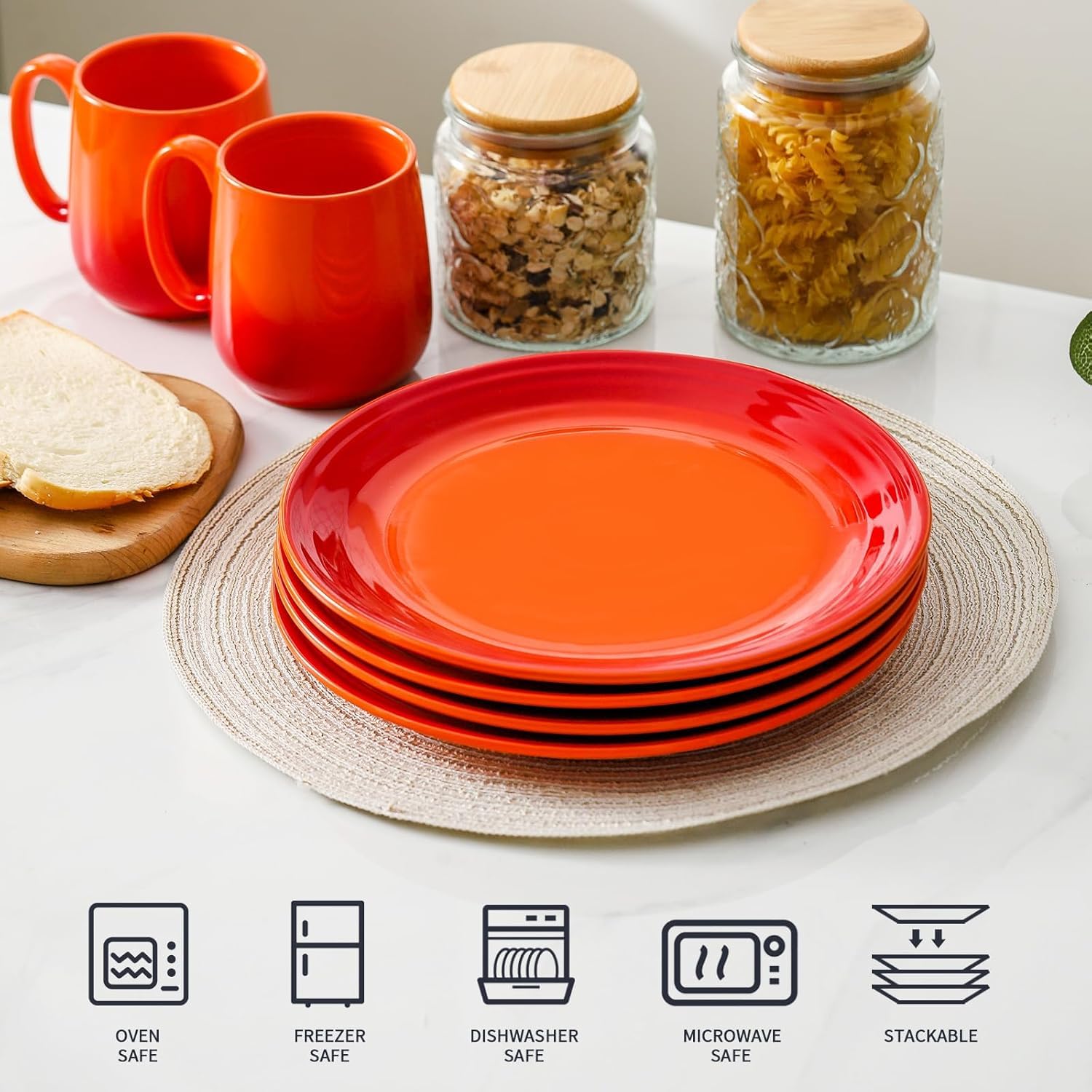 glowworm Juego de 4 platos llanos de porcelana de 10 pulgadas, platos de cocina para ensalada, filetes, pasta, microondas y lavavajillas, resistentes a los arañazos, color naranja