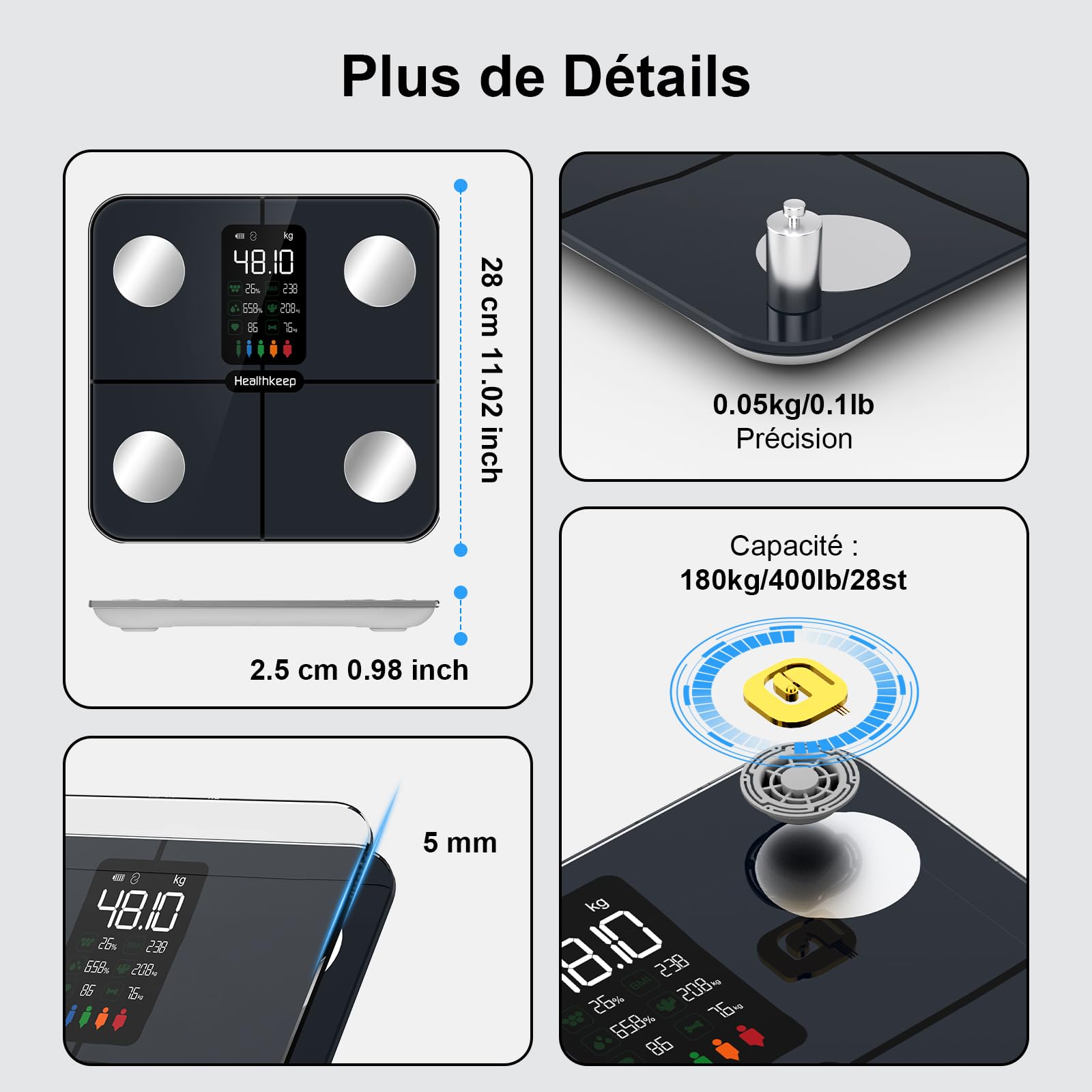 Balance Pèse Personne, Healthkeep Balance Connectée Impédancemètre Grand Écran VA avec Fréquence Cardiaque avec 15 Mesures Avec APP pour Andriod et iOS 180kg/400lb/28st, Bleu Marine