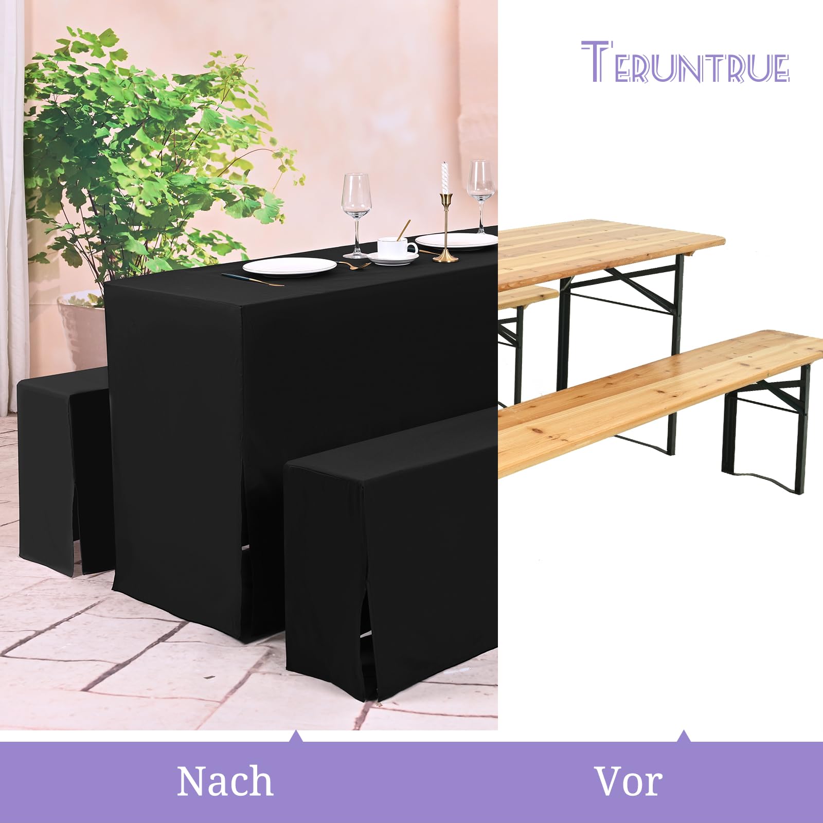 Teruntrue Bierzeltgarnitur Set 3tlg. wasserdichte Hussen mit Schlitz unten für Bierzeltgarnitur 220 x 70cm – 2 Husse Biertisch + 4 Bierbank in Schwarz - Biertischhusse Bierbankhusse – Schwarz