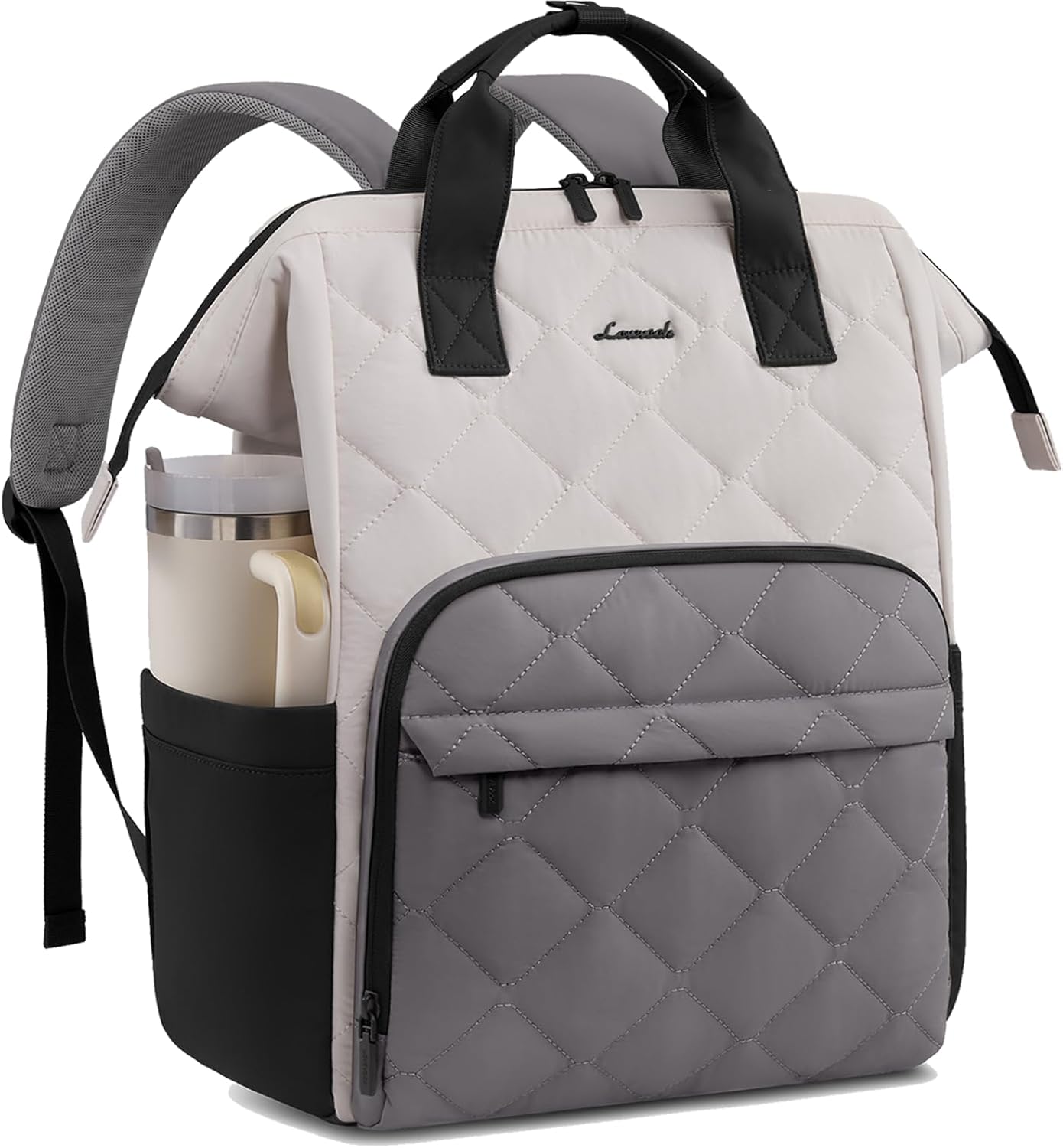 LOVEVOOK Laptop Backpack for Women, 15.6 inch Work Travel Backpack Purse, Puffer Quilted Laptop Backpack Casual Daypack for Nurse Teacher，Black-White-Gray
