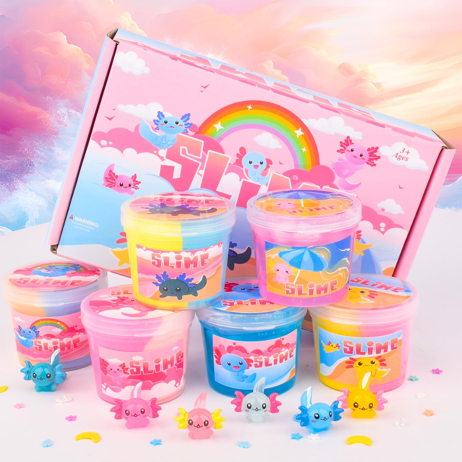 6 Pack Axolotl Slime Kit, Cloud, Butter & Clear, Slime Party Favors for Kids with Axolotl Charms, Soft and Stretchy, Slime for Girls & Boys, Classroom Rewards, Birthday Gifts