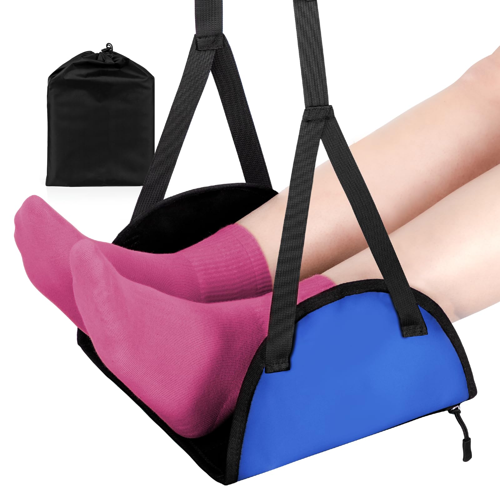 HAYVANAirplane Footrest with Comfortable Latex Cushion for Long Flights - Portable Adjustable Airplane Desk Foot Hammock to Relax Your Feet and Leg in Plane, Office, Home (Blue)