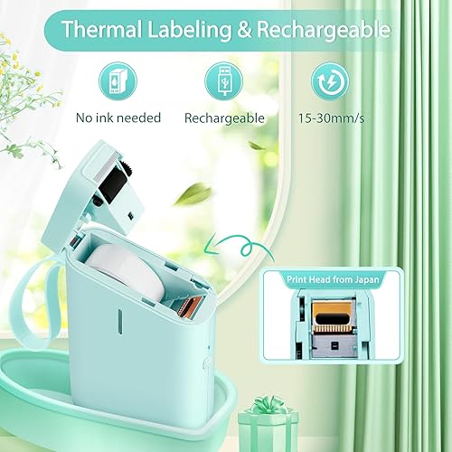 Miniatura 4 de JADENS Etiquetadora verde D11 y cinta de papel de etiqueta blanca de 0.472x1.575 in