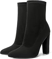 risdoada Women's Chunky Heel Sock Boots - Elastic Suede Ankle Booties, Pointed Toe Mid-Calf High Heels for Fall Winter