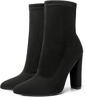 risdoada Women's Chunky Heel Sock Boots - Elastic Suede Ankle Booties, Pointed Toe Mid-Calf High Heels for Fall Winter