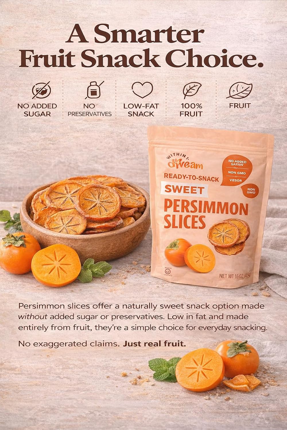 Whitney Jordan Naturals, Sweet Air-Dried Persimmon Slices - Ready to Snack, No Added Sugar, Non-GMO, Vitamin-Packed Fruit, Healthy On-the-Go Snack, 16 Ounce Bag