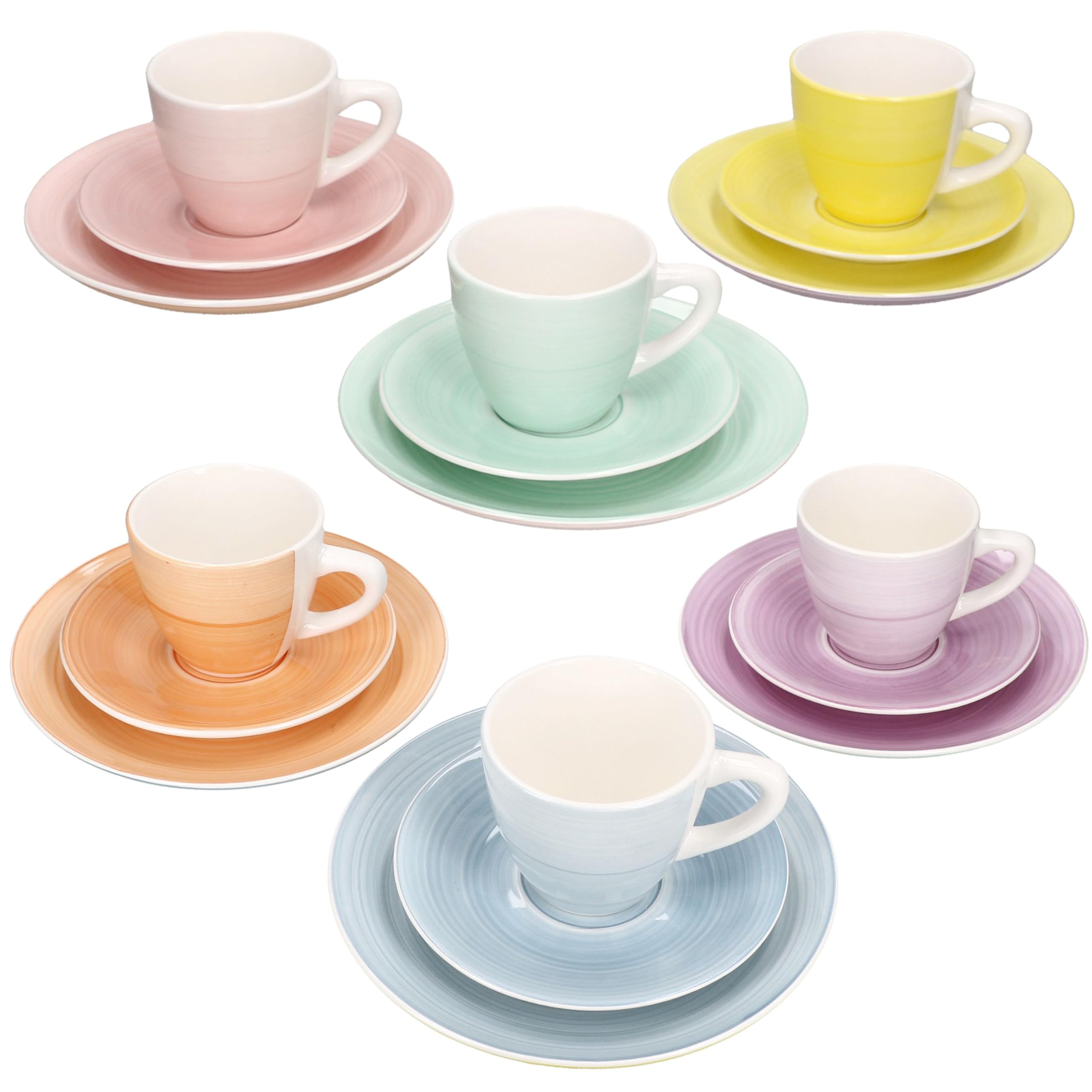 MamboCat Spring 18tlg Kaffeeservice I Steingut Geschirr Set I je 6X Bunte Kuchenteller, Untertassen & Tassen 160ml I Gelb, Orange, Rosa, Lila, Mint & Blau I Kaffee & Kuchen