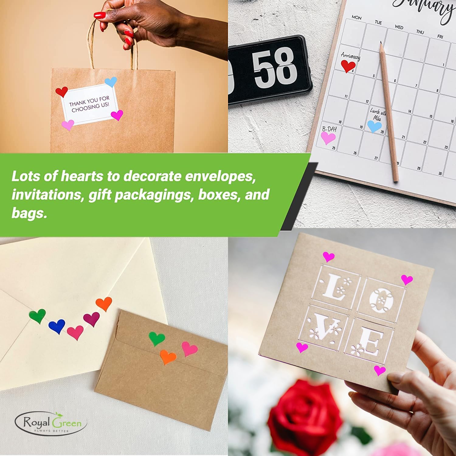 Royal Green 13mm Metallic Silver Valentine Heart Stickers – Permanent Heart Labels for Treat Bags, Gift Seals, Cards & Crafts – Easy Peel & Stick - (7560 Pack)
