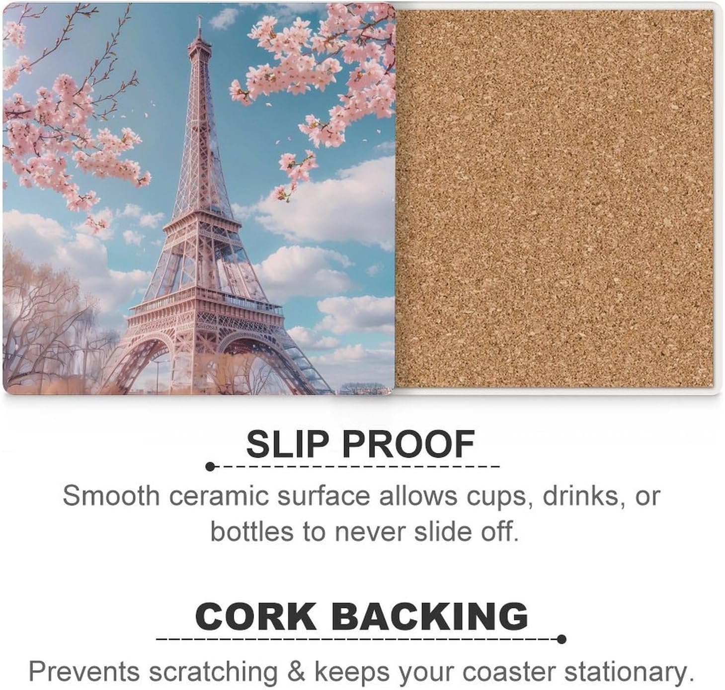 Paris Eiffel Tower Flower Coaster for Drinks Square Ceramic Table Coasters Stone Mat Crafts 6PCS Home Kitchen Decor
