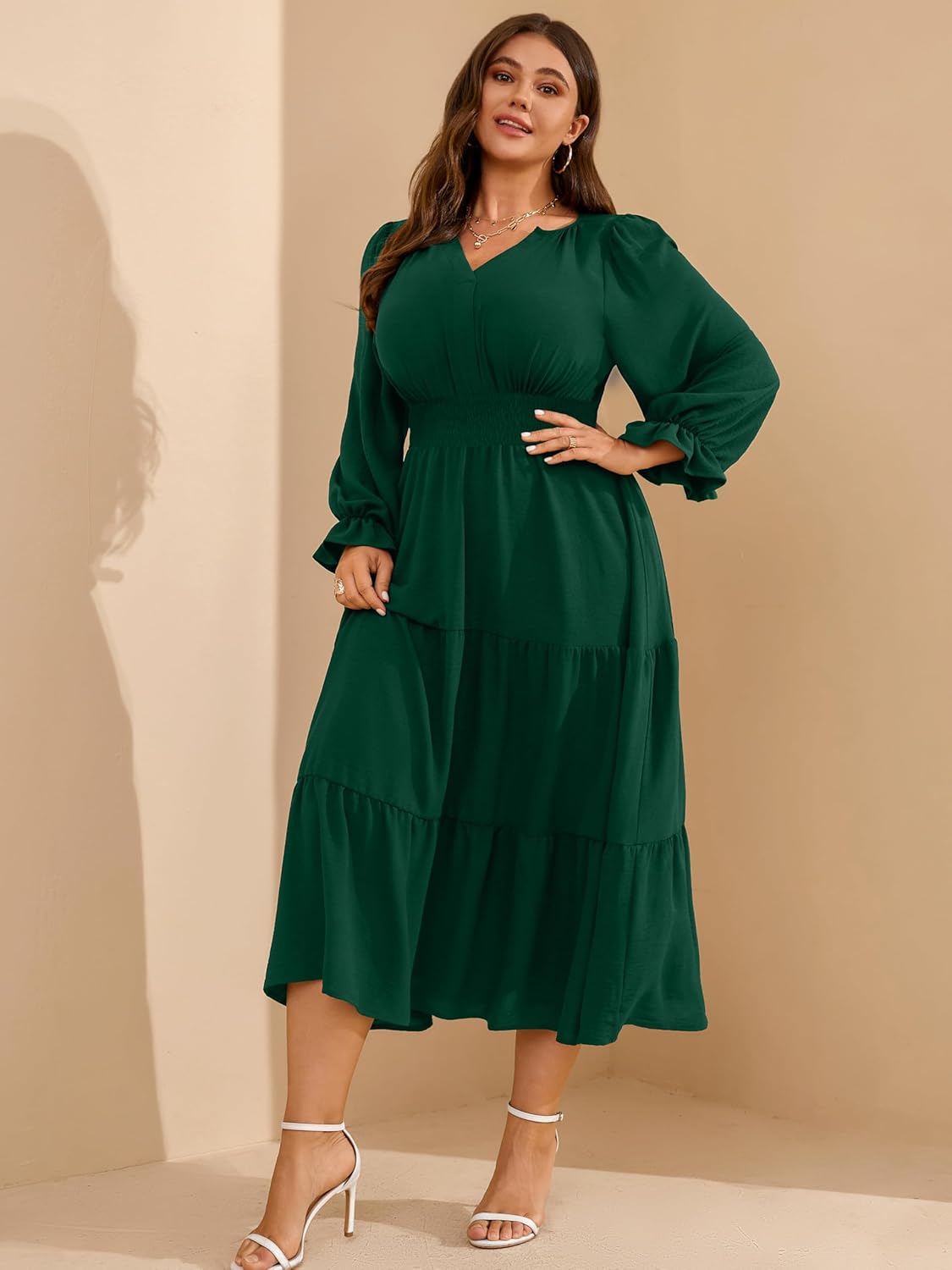 RWJ Womens Plus Size Fall Dress Long Sleeve V Neck Tiered A-Line Elegant Formal Casual Wedding Guest Maxi Dresses - Image 2