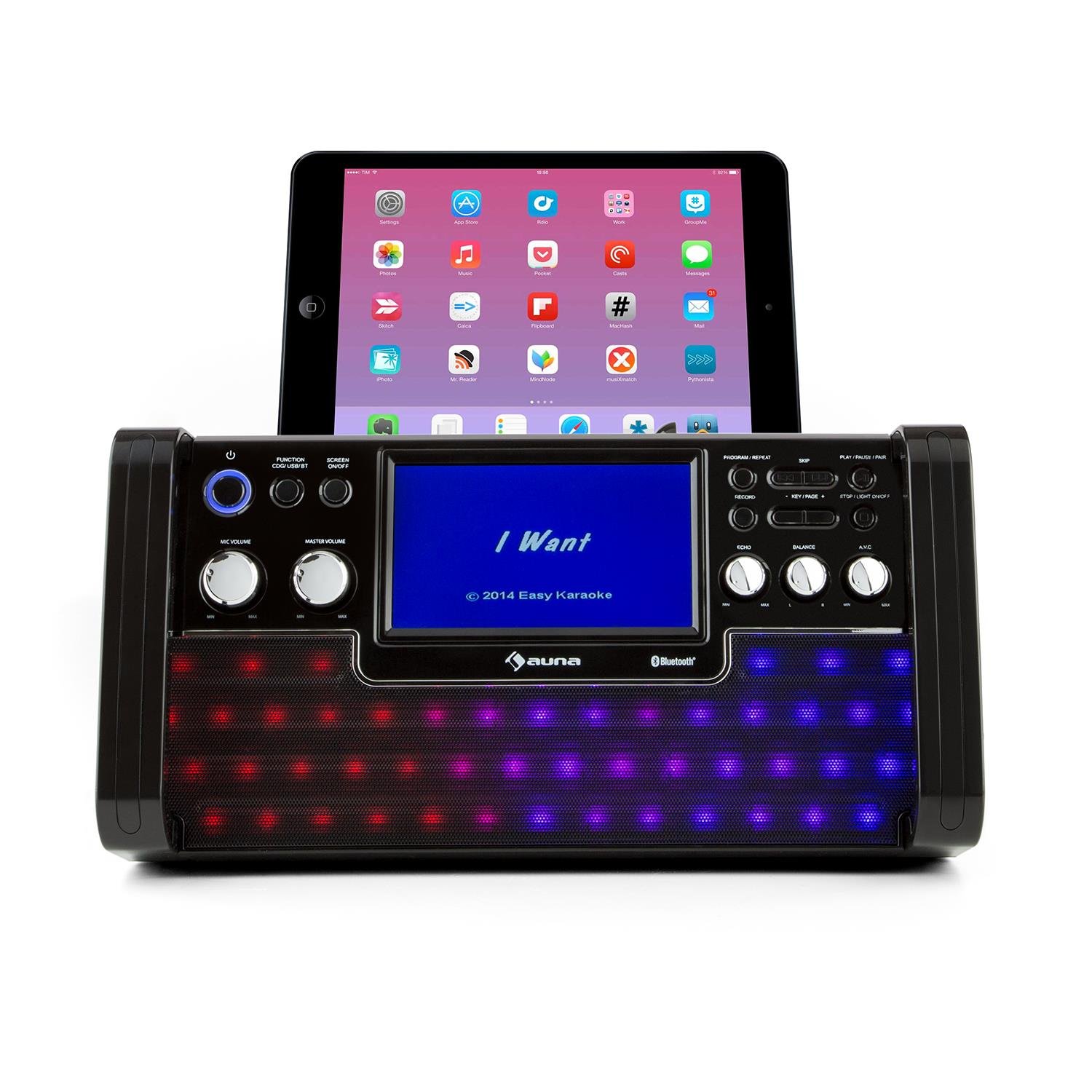 AUNA DiscoFever - Apppareil karaoké, Systeme Karaoke Complet, Microphone Filaire Dynamique, Fonction Enregistrement, Sortie vidéo, CD/CD+G/CD-R/MP3, Effet Lumineux, Ecran Couleur - Noir
