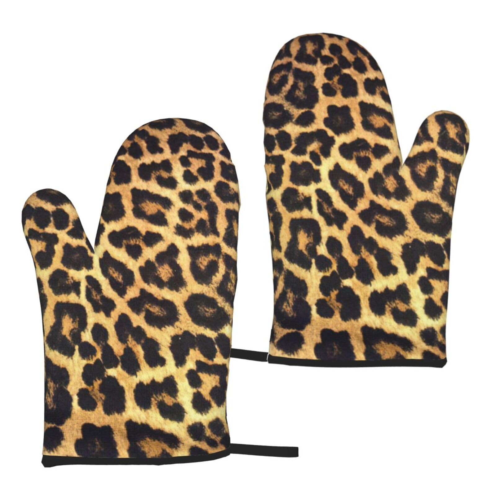 Nimongt Women's Black Leopard Print Print Adults Universal Fit Heat Resistant Oven Gloves Reusable Cooking Outdoor Grilling