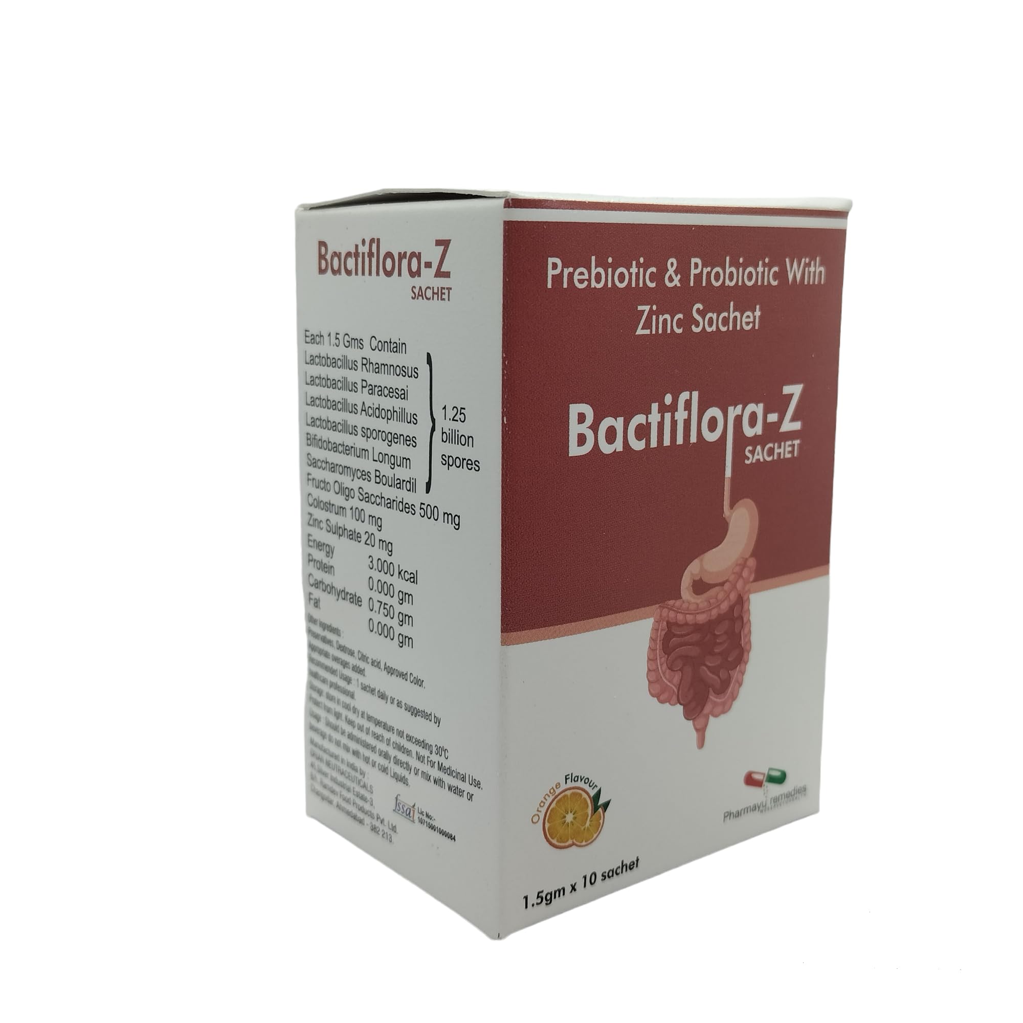 Bactiflora-Z Prebiotic and Probiotic Sachets | Enriched with Zinc | Intestine Immunity and Healthy Gut | Tasty Orange Flavor | 10 Powder Sachets per Box