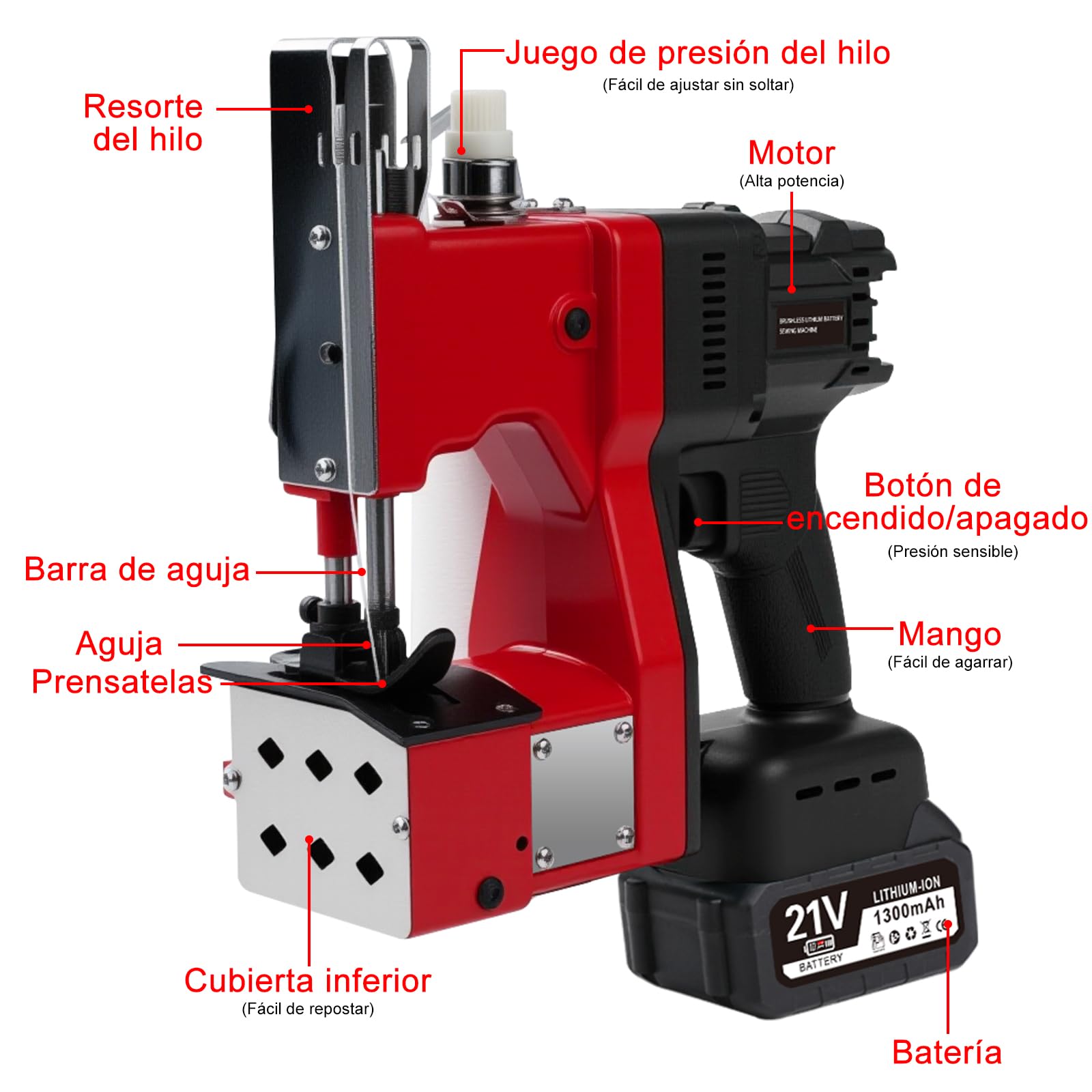 Máquina de Coser Bolsas Eléctrica, 21V maquina coser sacos portatil de Mano con 2 baterías 1300mAh, 210W Selladora Eléctrica Sacos inalámbrica, grosor 0.2-10 mm, para sacos tela saco arenas saco yute