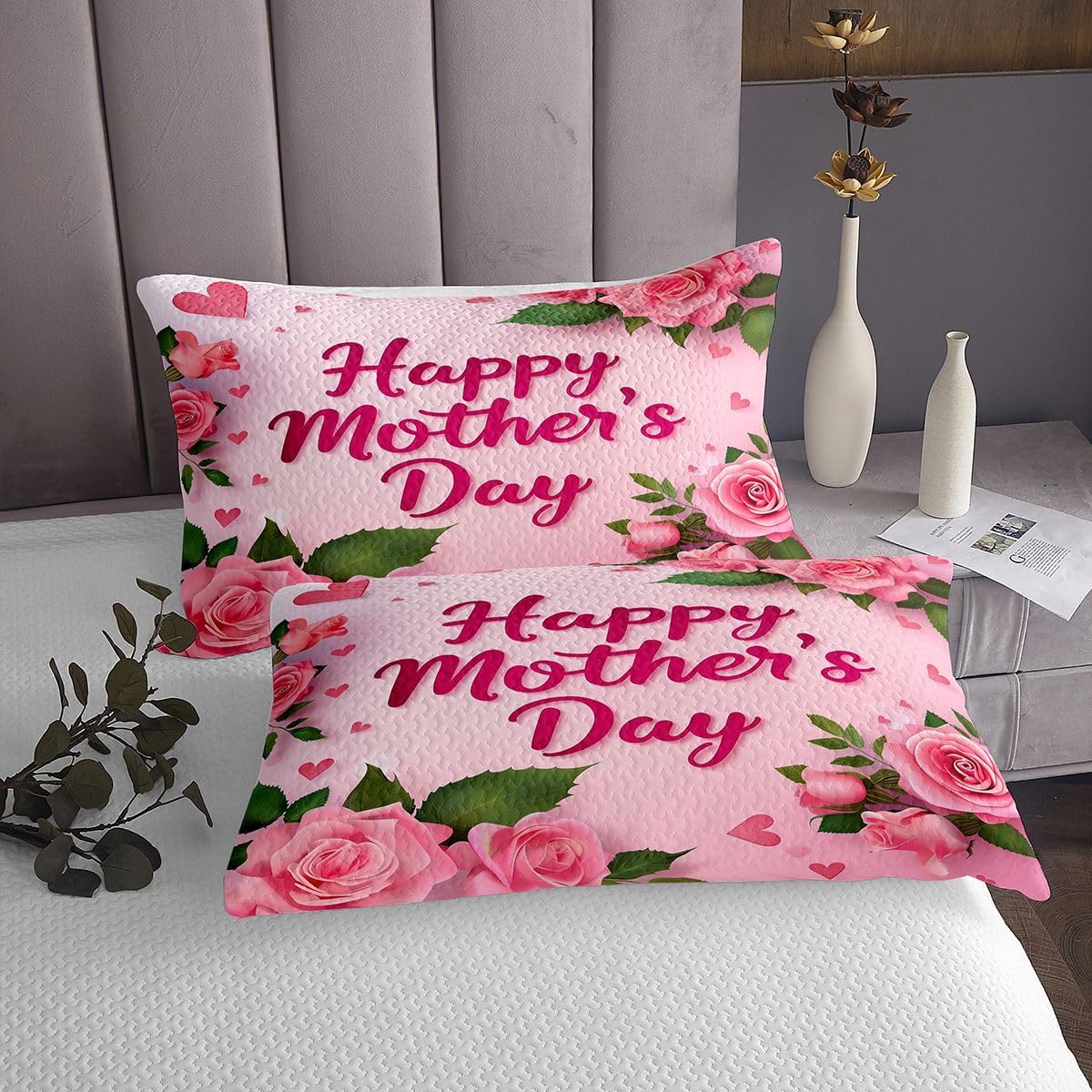 jejeloiu Mother's Day Bedspread 3 Pieces King Size Carnation Floral Coverlet Set Soft Cozy Pink Flower Lightweight Quilted Coverlet for All Season with 2 Pillowcases