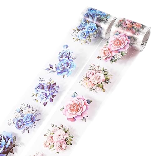 Washi Tape - Cinta adhesiva decorativa de PET para álbumes de recortes, suministros de diario de basura, planificadores y manualidades (azul y rosa)