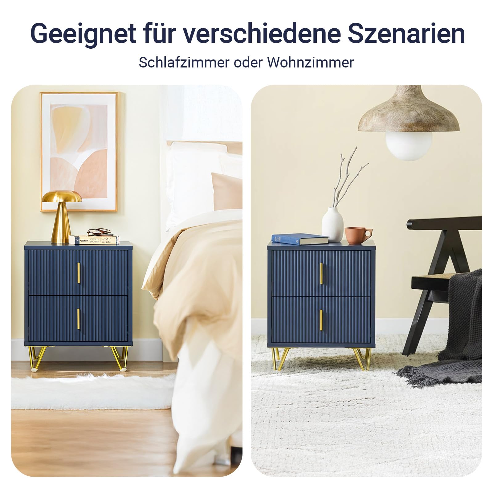 SoBuy Nachttisch, Nachtschrank mit 2 Schubladen, Moderner Beistelltisch für Schlafzimmer und Wohnzimmer, Blau B40 x T40 x H47 cm FBT115-B